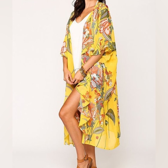 Gigio Yellow Floral Side Slit Kimono Lightweight Cover-up Cape XL - Picture 1 of 11